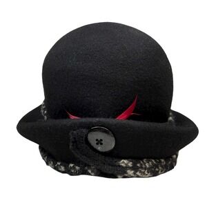 Susan Hat Womens Wool Cloche Hat With Decorative Button and Feathers Black OSFA